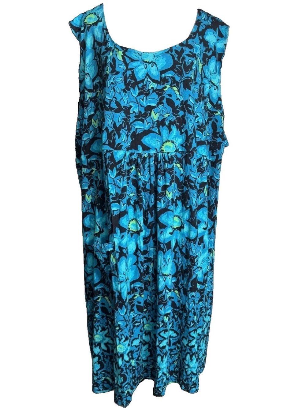 Ulla Popken A-Line Sleeveless Midi Dress Floral Turquoise Pockets Size 28/30